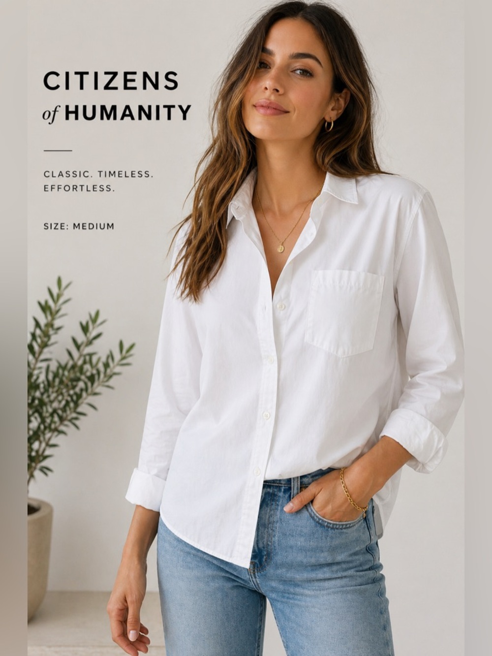 Citizens of Humanity White Button Front Poplin Shirt Medium Oversized Pocket Top